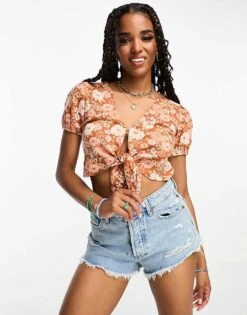 Hollister Hollster Short Sleeve Tie Front Linen Blouse In Orange Retro Floral For Women Orange/rust Floral -Hollister Shop 205128908 1 orangerustfloral 1