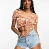 Hollister Hollster Short Sleeve Tie Front Linen Blouse In Orange Retro Floral For Women Orange/rust Floral