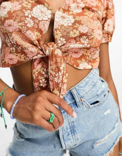 Hollister Hollster Short Sleeve Tie Front Linen Blouse In Orange Retro Floral For Women Orange/rust Floral -Hollister Shop 205128908 3