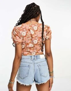 Hollister Hollster Short Sleeve Tie Front Linen Blouse In Orange Retro Floral For Women Orange/rust Floral -Hollister Shop 205128908 4