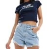 Hollister High Rise Mom Short In Light Blue Wash With Frayed Hem For Women Light Destroy -Hollister Shop 206373874 1 lightdestroy