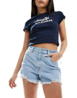 Hollister High Rise Mom Short In Light Blue Wash With Frayed Hem For Women Light Destroy