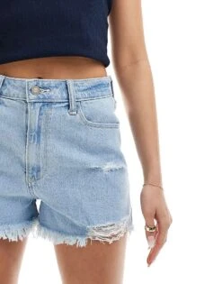Hollister High Rise Mom Short In Light Blue Wash With Frayed Hem For Women Light Destroy -Hollister Shop 206373874 5