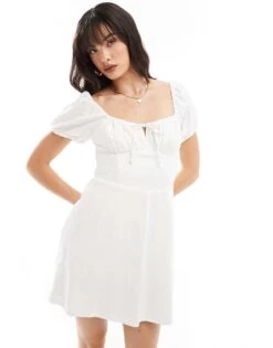 Hollister Short Sleeve Linen Blend A-line Mini Dress With Sweetheart Neckline In White For Women Bright White -Hollister Shop 206374273 1 brightwhite 1