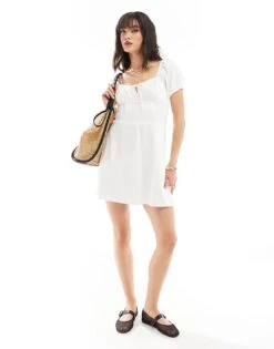 Hollister Short Sleeve Linen Blend A-line Mini Dress With Sweetheart Neckline In White For Women Bright White -Hollister Shop 206374273 2