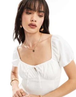 Hollister Short Sleeve Linen Blend A-line Mini Dress With Sweetheart Neckline In White For Women Bright White -Hollister Shop 206374273 3
