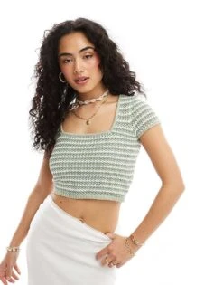 Hollister Short Sleeve Stripe Crochet Top In Green For Women Green White Stripe -Hollister Shop 206374299 1 greenwhitestripe 1