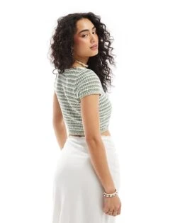 Hollister Short Sleeve Stripe Crochet Top In Green For Women Green White Stripe -Hollister Shop 206374299 4