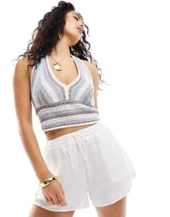 Hollister Crochet Striped Halter Neck In Blue And White For Women -Hollister Shop 206374419 1 stripe 1