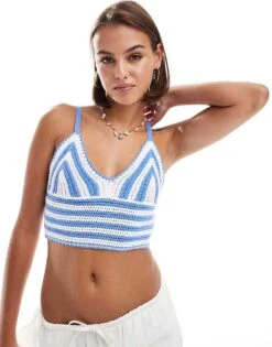 Hollister Crochet Striped Vest In Blue And White For Women Blue.white