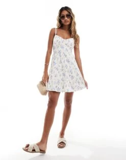 Hollister Floral Print Open Back Linen Mini Dress In White For Women Tidepool Cw9 -Hollister Shop 206685219 4