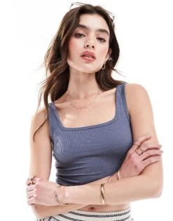 Hollister Ribbed Square Neck Vest Top In Dark Grey 21inch For Women Grisalle