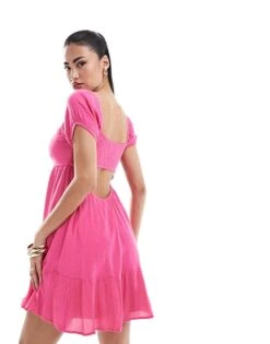 Hollister Short Sleeve Babydoll Mini Dress In Pink For Women Shocking Pink -Hollister Shop 206685356 3