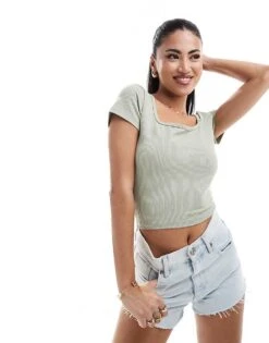 Hollister Square Neck Ribbed T-shirt In Green For Women Desert Sage -Hollister Shop 206685507 1 desertsage 1