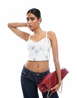 Hollister Linen Floral Top With Elastic Side Detailing In White For Women White Floral -Hollister Shop 206685672 1 whitefloral 1