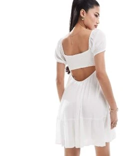 Hollister Short Sleeve Babydoll Mini Dress In White For Women Bright White -Hollister Shop 206685681 2