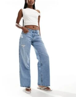 Hollister Low Rise Baggy Jeans In Mid Blue With Destroy Details For Women Destroy Clean Hem -Hollister Shop 206686039 1 destroycleanhem 1