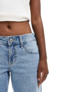 Hollister Low Rise Baggy Jeans In Mid Blue With Destroy Details For Women Destroy Clean Hem -Hollister Shop 206686039 5