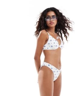 Hollister Co-ord High Leg Bikini Bottom In White For Women White Blue Floral -Hollister Shop 206686063 3