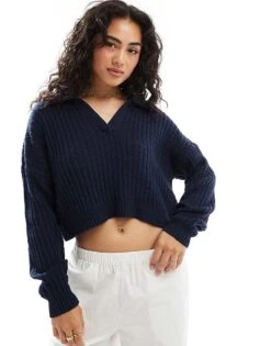 Hollister Long Sleeve Polo Jumper In Navy For Women -Hollister Shop 206971794 1 navy 1