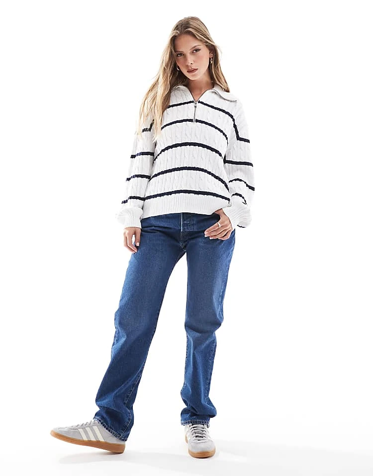 Hollister Half Zip Striped Jumper In Navy And White For Women Navy/white Stripe 5 Hollister Half Zip Striped Jumper In Navy And White For Women Navy/white Stripe - Image 3