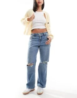 Hollister Low Rise Relaxed Straight Fit Jeans With Knee Rips In Mid Blue For Women Mid Wash -Hollister Shop 206971998 1 midwash 1