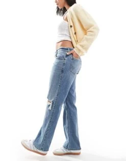 Hollister Low Rise Relaxed Straight Fit Jeans With Knee Rips In Mid Blue For Women Mid Wash -Hollister Shop 206971998 2