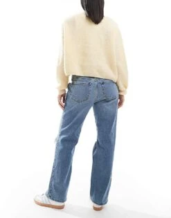 Hollister Low Rise Relaxed Straight Fit Jeans With Knee Rips In Mid Blue For Women Mid Wash -Hollister Shop 206971998 3