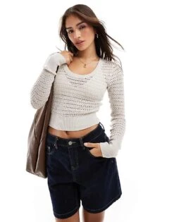 Hollister Scoop Neck Long Sleeve Knitted Top In Grey For Women