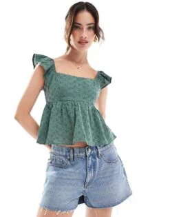 Hollister Square Neck Babydoll Top In Green For Women Forest Green -Hollister Shop 206972301 1 forestgreen 1