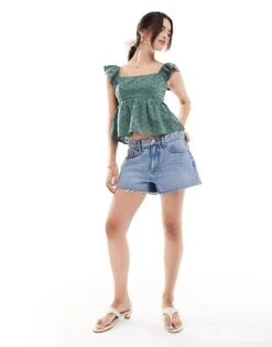 Hollister Square Neck Babydoll Top In Green For Women Forest Green -Hollister Shop 206972301 2