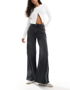 Hollister Ultra High Rise Wide Leg Jean In Washed Black For Women