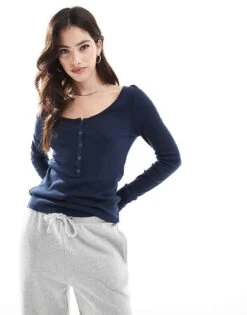 Hollister Long Sleeve Button Up Top In Navy For Women -Hollister Shop 207275237 1 navy 1