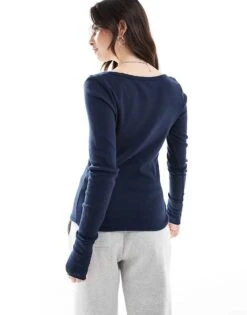 Hollister Long Sleeve Button Up Top In Navy For Women -Hollister Shop 207275237 4