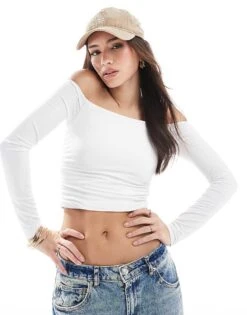 Hollister Seamless Long Sleeve Shirred Off The Shoulder Wrap Top In White For Women Bright White -Hollister Shop 207322827 1 brightwhite 1