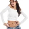Hollister Seamless Long Sleeve Shirred Off The Shoulder Wrap Top In White For Women Bright White