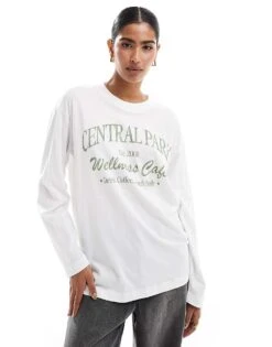 Hollister Long Sleeve Oversized Dad Slogan T Shirt In White For Women -Hollister Shop 207361341 1 white 1