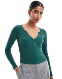 Hollister Ribbed Button Detail Plunge Neck Top In Green For Women -Hollister Shop 207361378 1 green 1