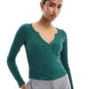 Hollister Ribbed Button Detail Plunge Neck Top In Green For Women