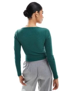 Hollister Ribbed Button Detail Plunge Neck Top In Green For Women -Hollister Shop 207361378 4