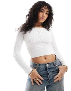 Hollister Cable Knitted Off Shoulder Tie Front Top In Cream For Women