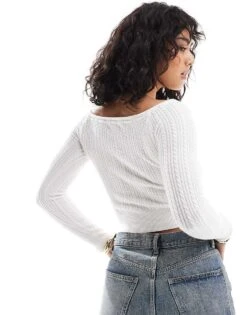 Hollister Cable Knitted Off Shoulder Tie Front Top In Cream For Women -Hollister Shop 207361379 4