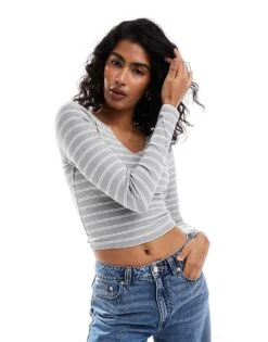 Hollister Contrast Ribbed Plunge Neck Crop Top In White And Grey Stripe For Women White Grey Stripe -Hollister Shop 207361447 1 whitegreystripe 1