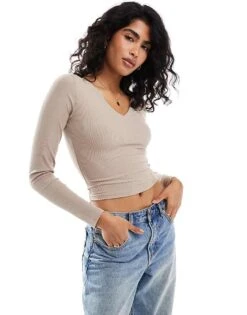 Hollister Ribbed Plunge Neck Crop Top In Beige For Women Mocha -Hollister Shop 207361510 1 mocha 1