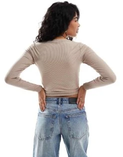 Hollister Ribbed Plunge Neck Crop Top In Beige For Women Mocha -Hollister Shop 207361510 3