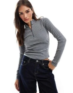 Hollister Icon Long Sleeve Quarter Zip Top In Grey Stripe For Women