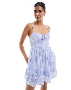 Hollister Shirred Detail Tie Back Short Dress With Shirred Bust Detail In Blue Paisley Print For Women Multi -Hollister Shop 207361586 1 multi 1