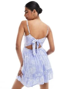 Hollister Shirred Detail Tie Back Short Dress With Shirred Bust Detail In Blue Paisley Print For Women Multi -Hollister Shop 207361586 4
