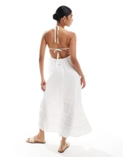 Hollister Halterneck Maxi Dress With Tiered Hem Detail In White For Women -Hollister Shop 207361610 4