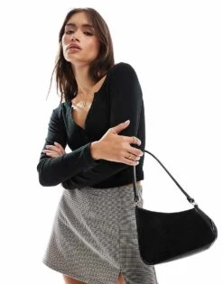 Hollister Ribbed Button Detail Plunge Neck Top In Black For Women